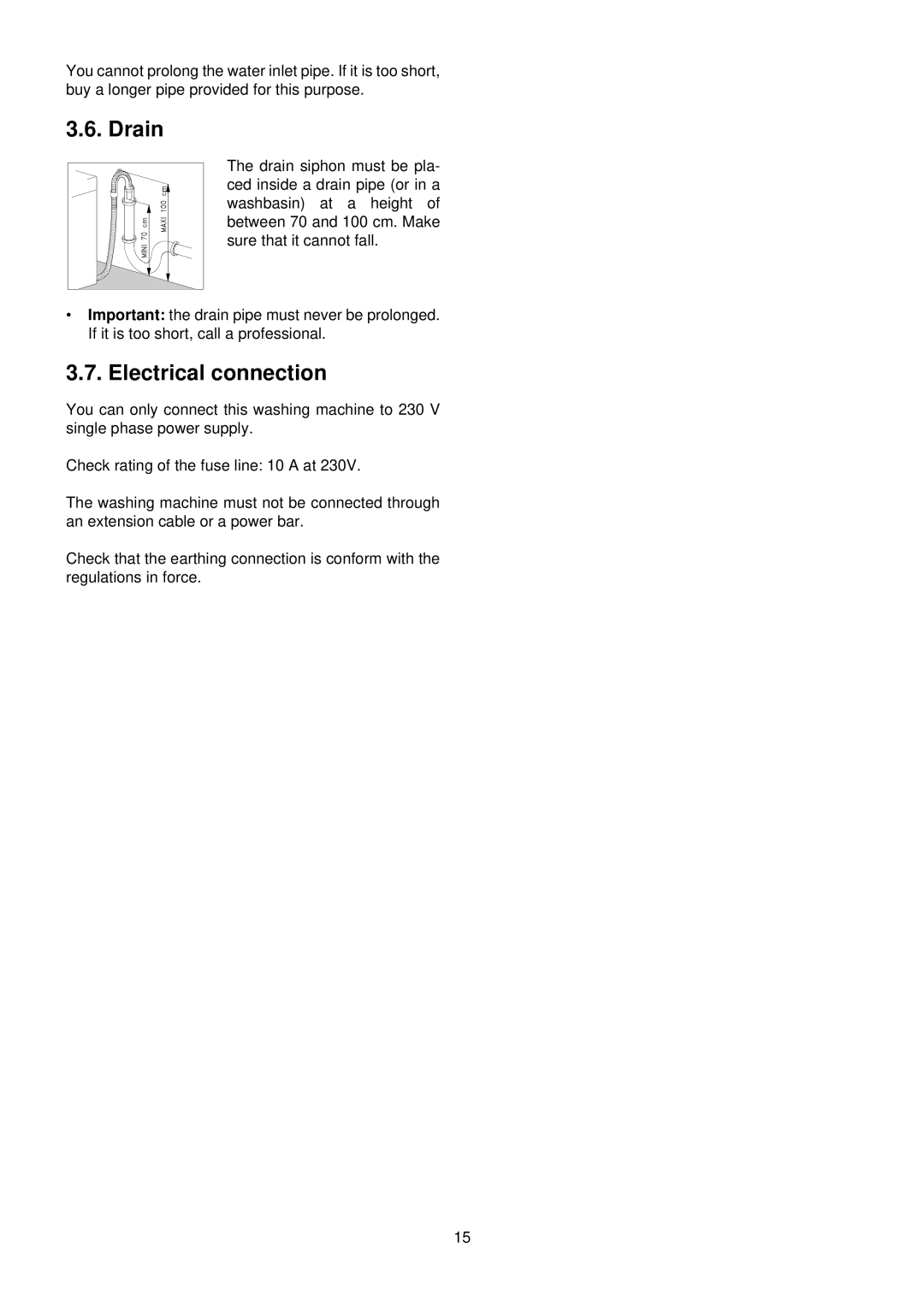 Zanussi TSE 1262 V, TSE 1062 V manual Drain, Electrical connection 