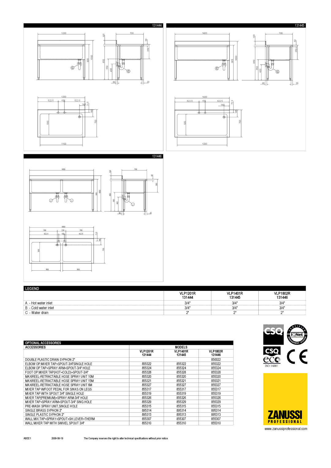 Zanussi VLP1401R, VLP1802R, VLP1201R, 131446, 131444, 131445 dimensions Zanussi 