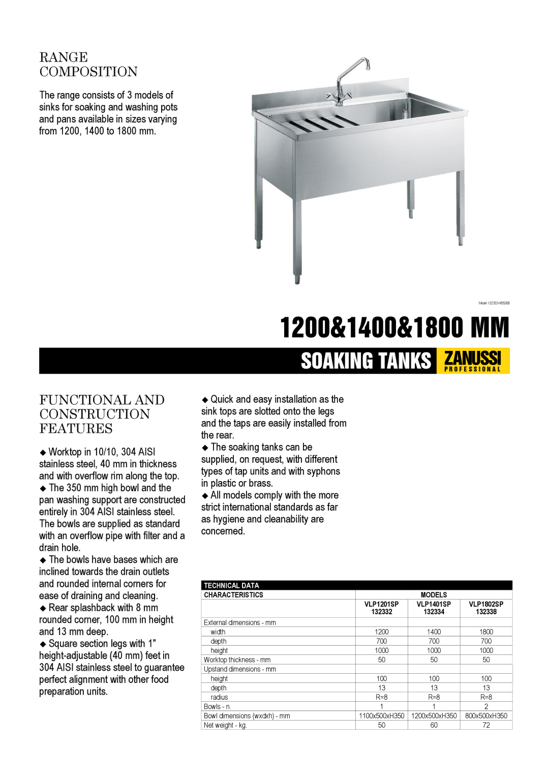 Zanussi VLP1201SP, VLP1802SP, VLP1401SP, 132334, 132332 dimensions Range Composition, Functional and Construction Features 