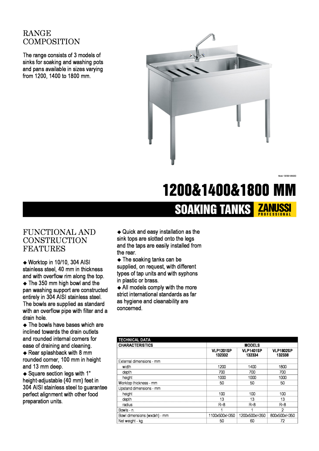 Zanussi VLP1201SP, VLP1802SP, 132334 dimensions 1200&1400&1800 MM, Range Composition, Functional And Construction Features 