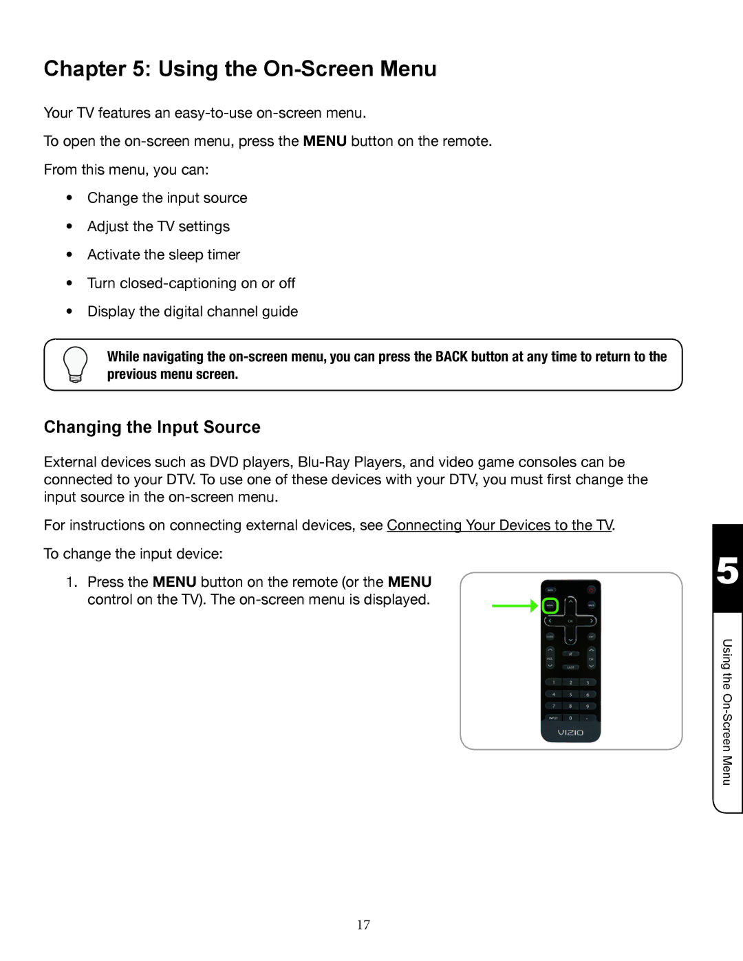 Zanussi VMB070 manual Using the On­Screen Menu, Changing the Input Source 