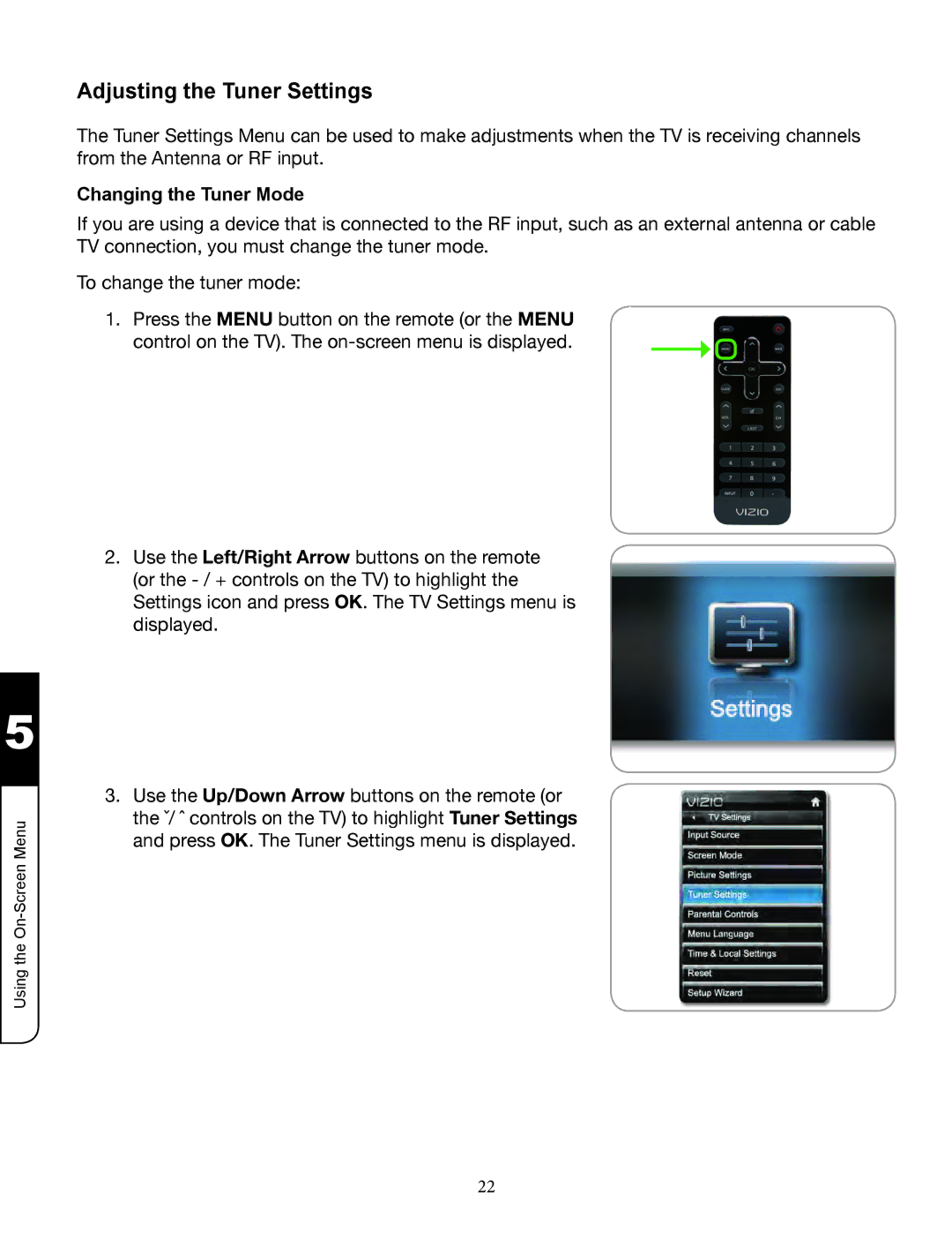 Zanussi VMB070 manual Adjusting the Tuner Settings, Changing the Tuner Mode 