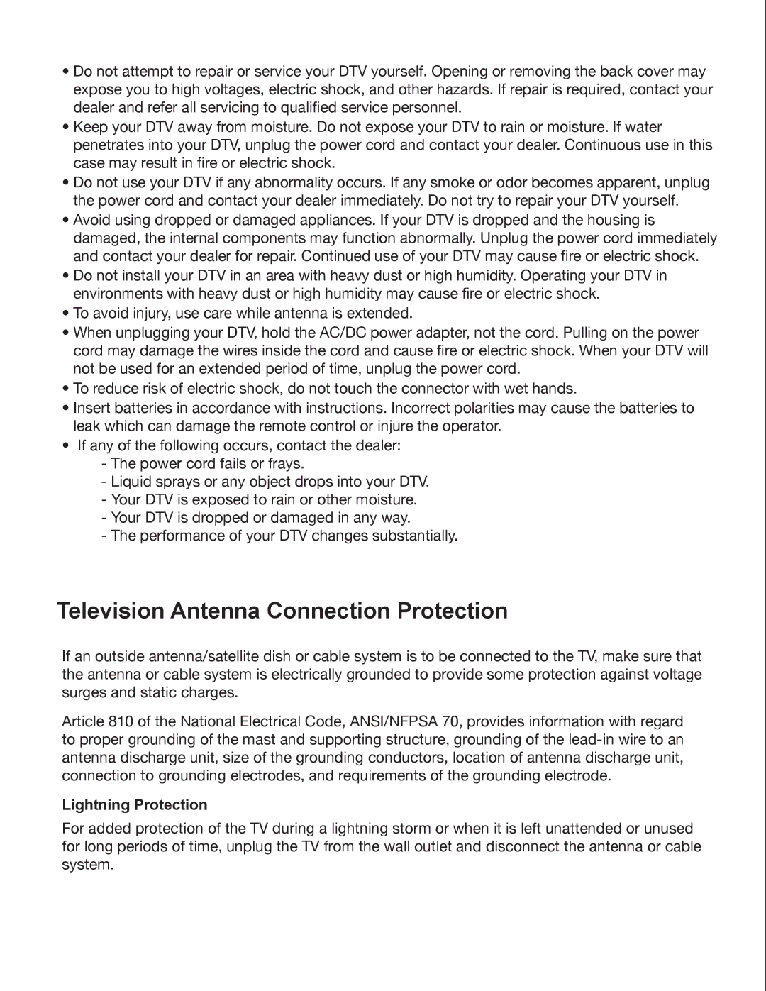 Zanussi VMB070 manual Television Antenna Connection Protection, Lightning Protection 