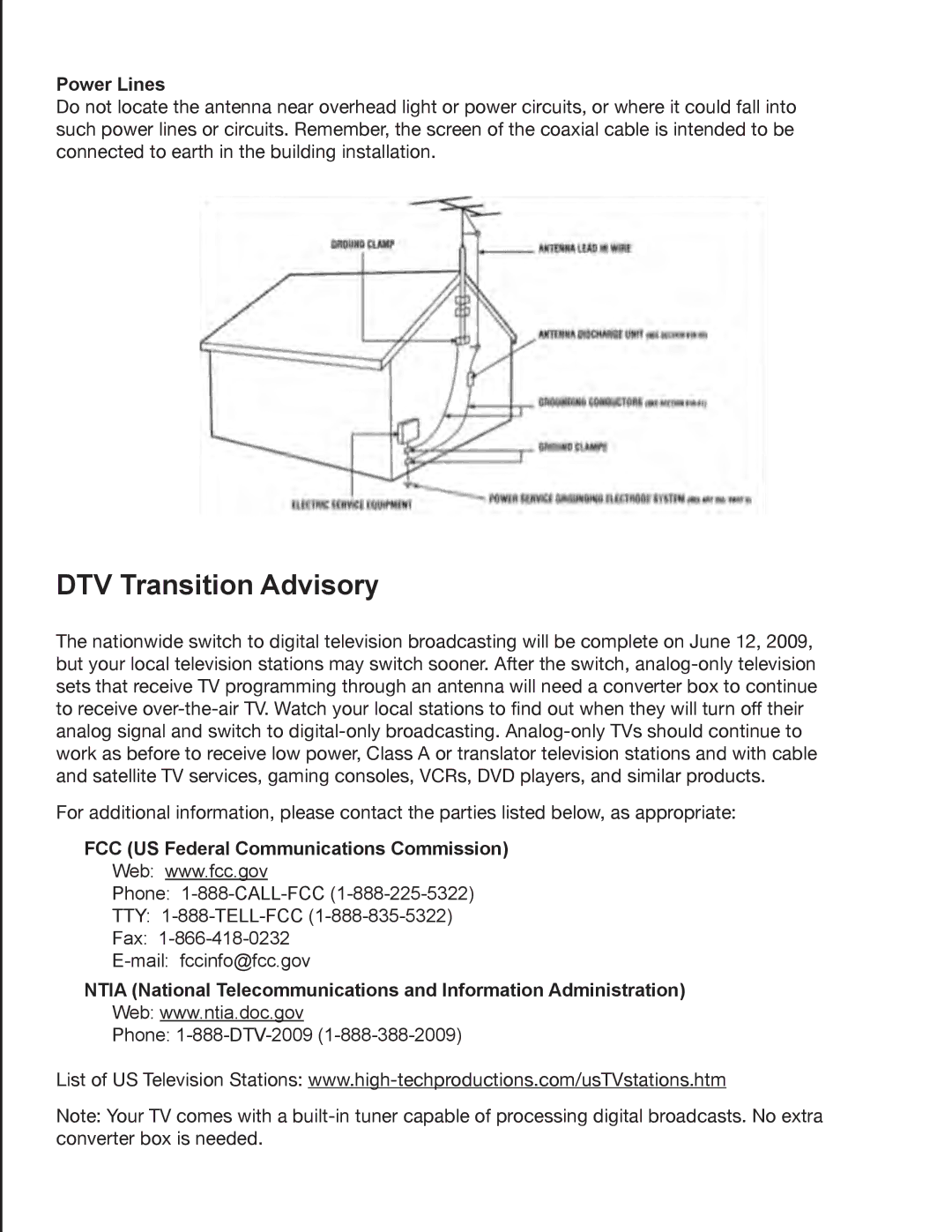 Zanussi VMB070 manual DTV Transition Advisory, Power Lines, FCC US Federal Communications Commission 