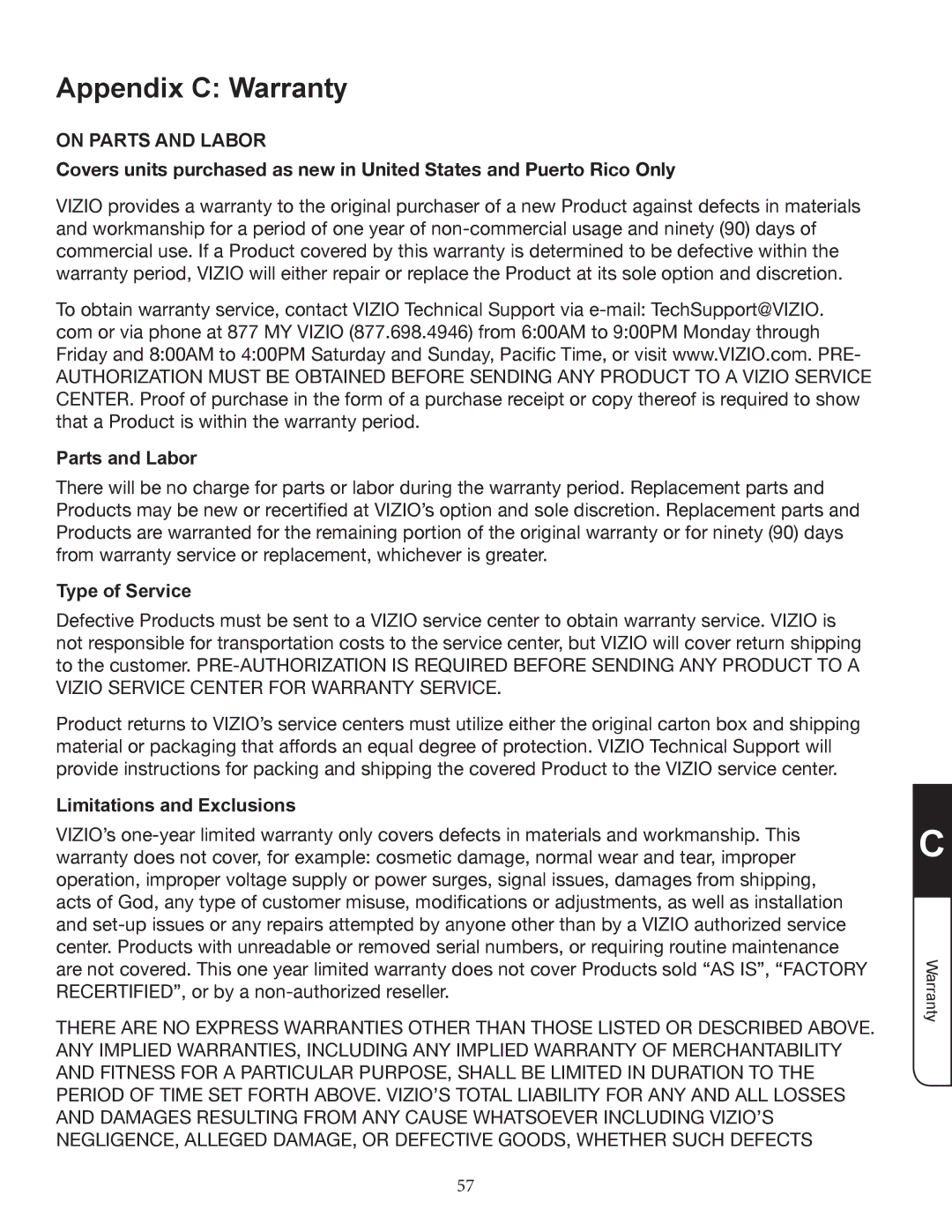 Zanussi VMB070 manual Appendix C Warranty, Parts and Labor, Type of Service, Limitations and Exclusions 