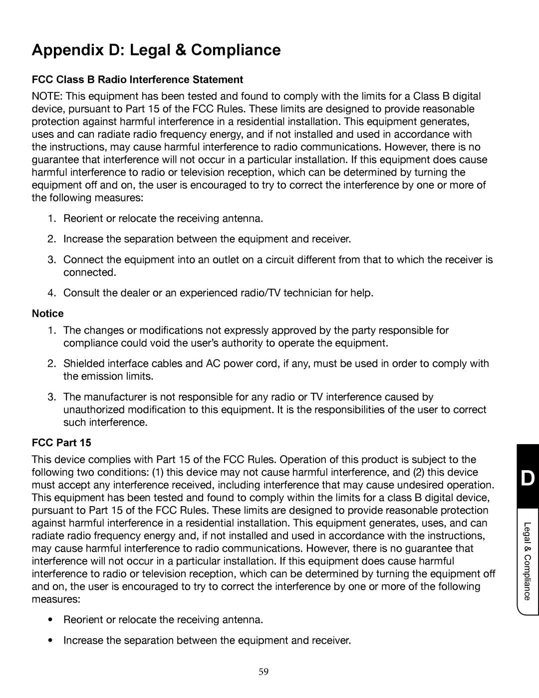 Zanussi VMB070 manual Appendix D Legal & Compliance, FCC Class B Radio Interference Statement, FCC Part 