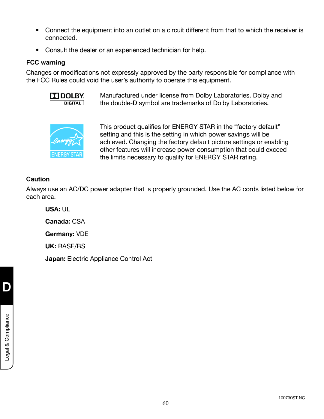 Zanussi VMB070 manual FCC warning, Canada CSA Germany VDE 