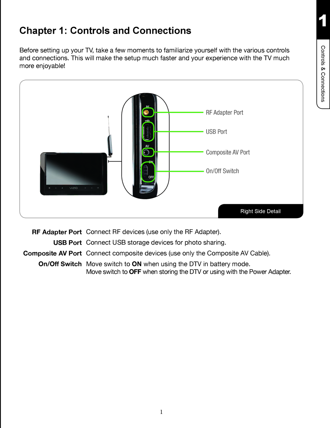 Zanussi VMB070 manual Controls and Connections, RF Adapter Port USB Port Composite AV Port On/Off Switch 