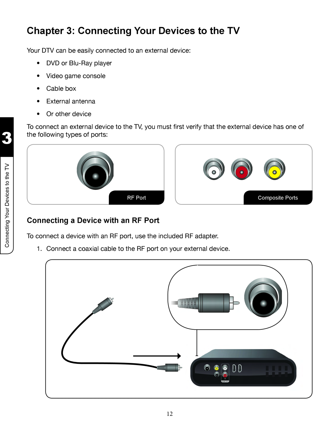 Zanussi VMB070 manual Connecting Your Devices to the TV, Connecting a Device with an RF Port 