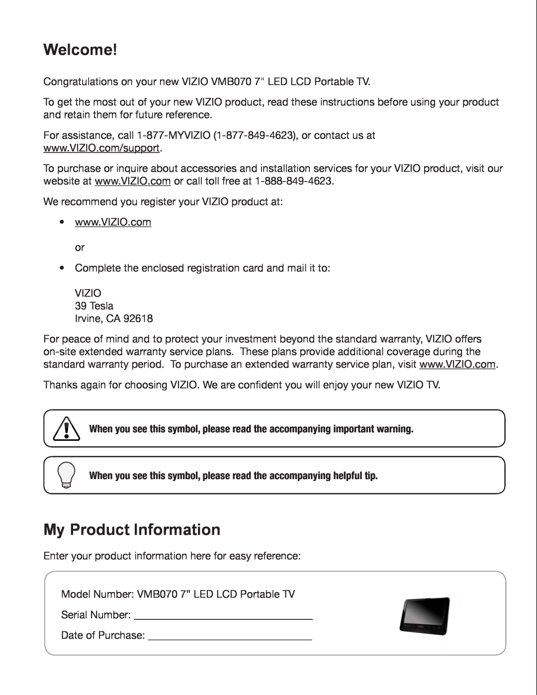 Zanussi VMB070 manual Welcome, My Product Information 