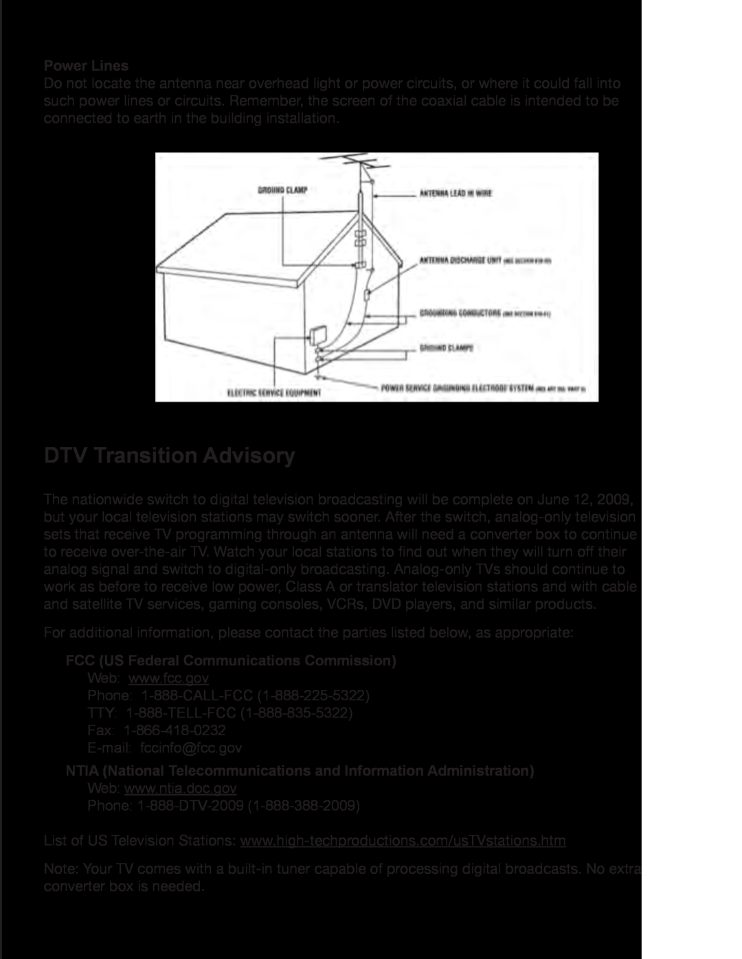 Zanussi VMB070 manual DTV Transition Advisory, Power Lines, FCC US Federal Communications Commission 