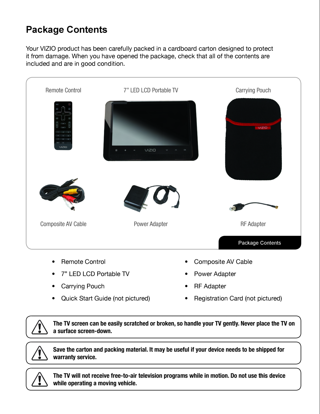 Zanussi VMB070 Package Contents, Remote Control, 7” LED LCD Portable TV, Composite AV Cable, Power Adapter, RF Adapter 