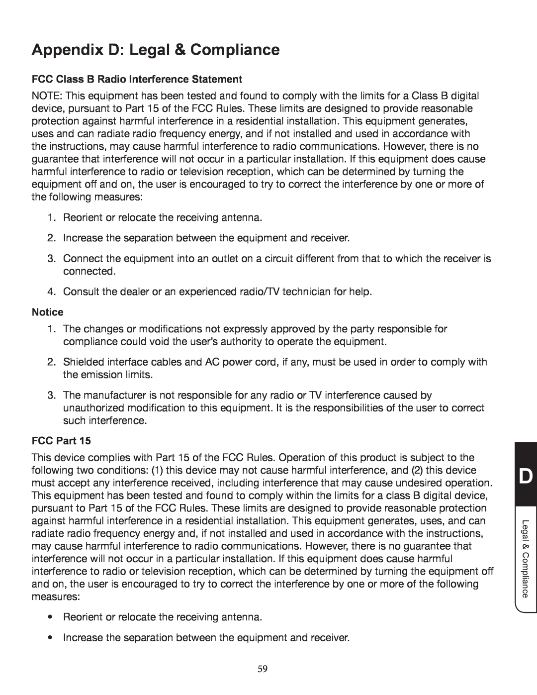 Zanussi VMB070 manual Appendix D Legal & Compliance, FCC Class B Radio Interference Statement, FCC Part 