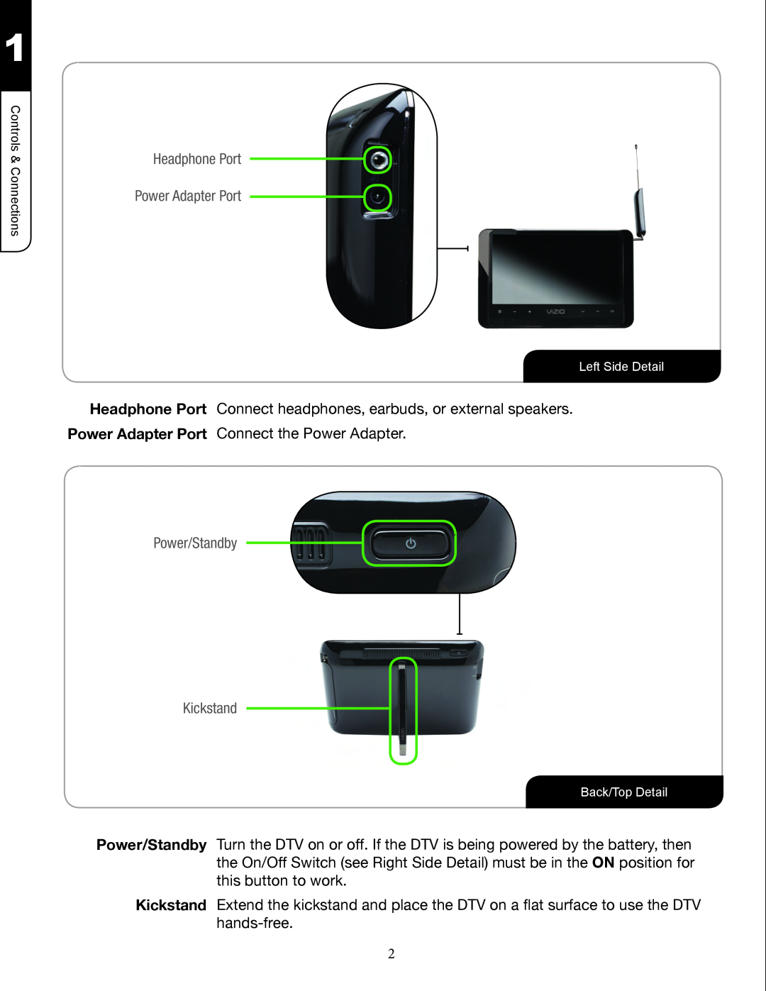 Zanussi VMB070 manual Headphone Port Power Adapter Port, Power/Standby Kickstand 