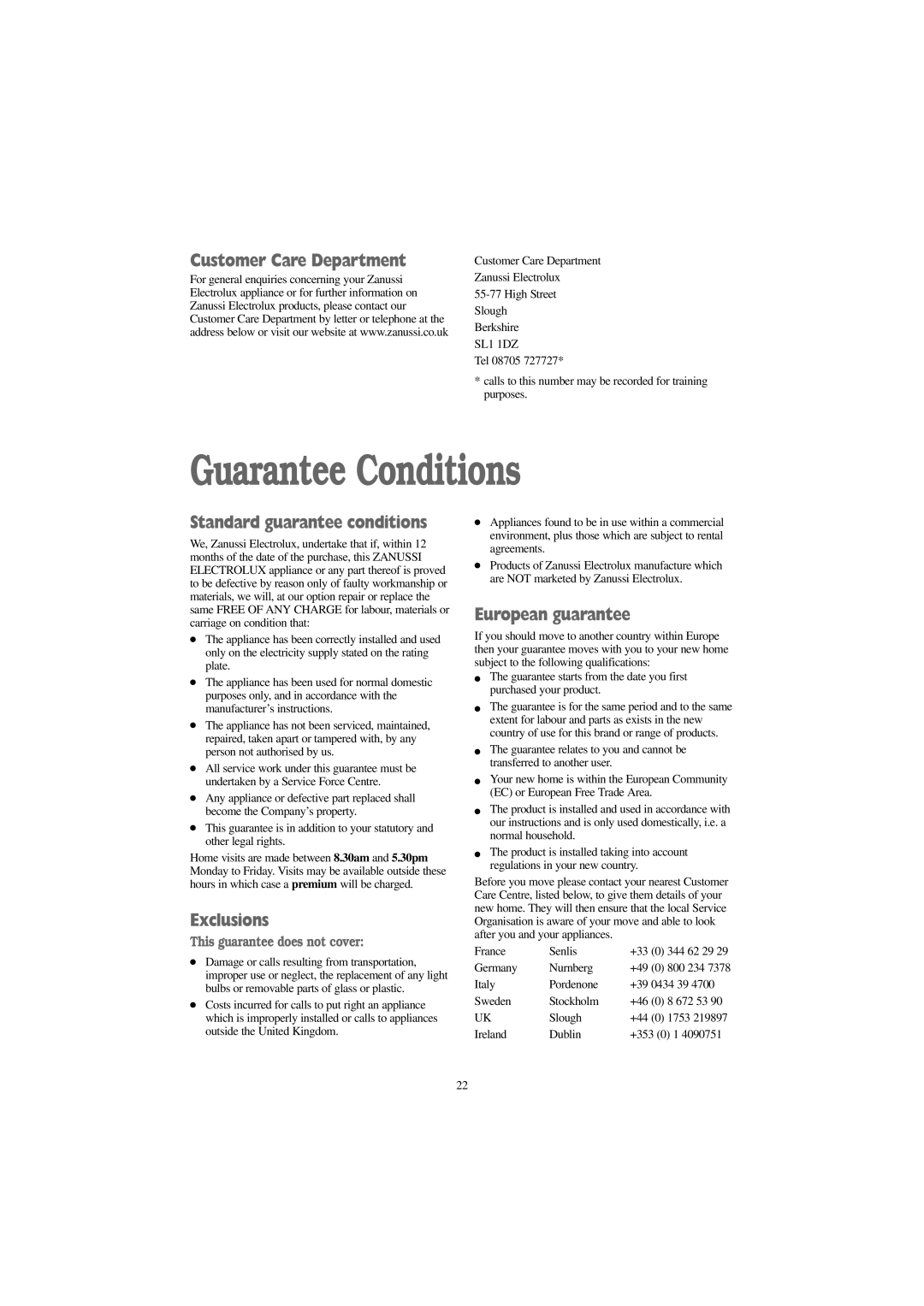 Zanussi W 1242 W, W 1042 W manual Guarantee Conditions, Customer Care Department, Standard guarantee conditions, Exclusions 