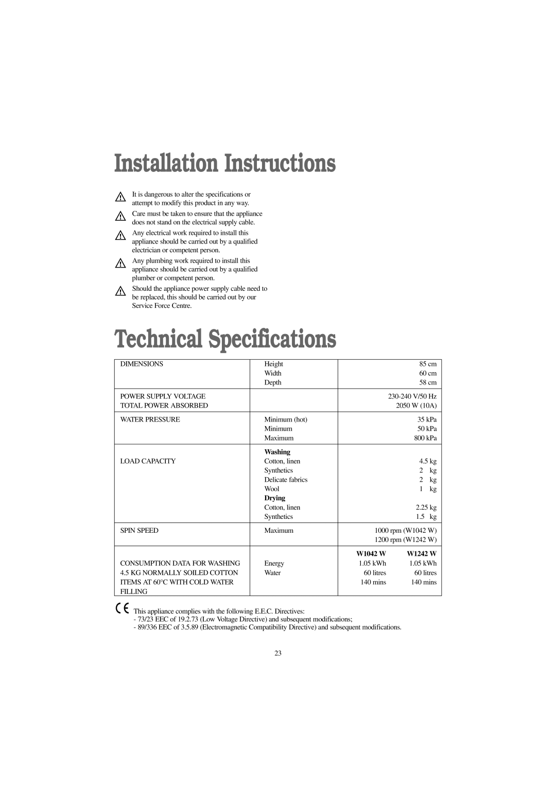 Zanussi W 1042 W, W 1242 W manual Installation Instructions, Technical Specifications, Washing, Drying, W1042 W W1242 W 