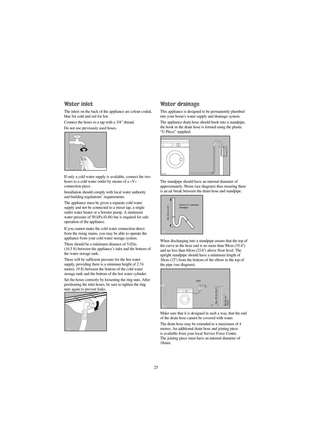 Zanussi W 1042 W, W 1242 W manual Water inlet, Water drainage 