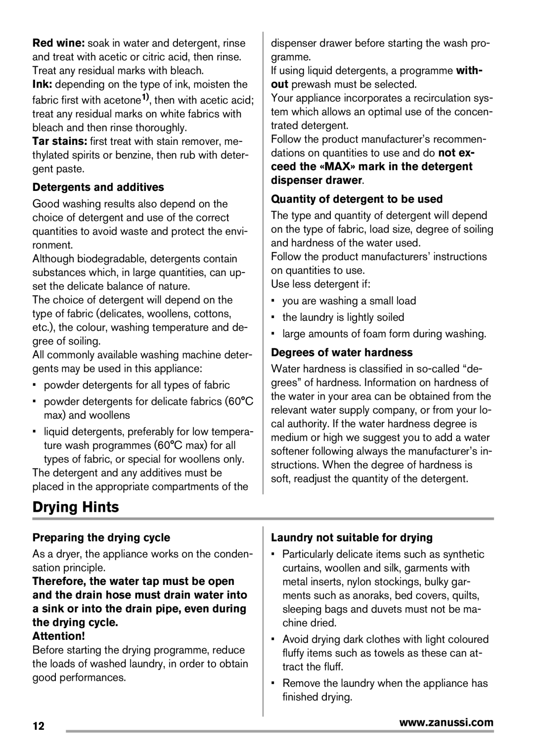 Zanussi Washer Dryer user manual Drying Hints 