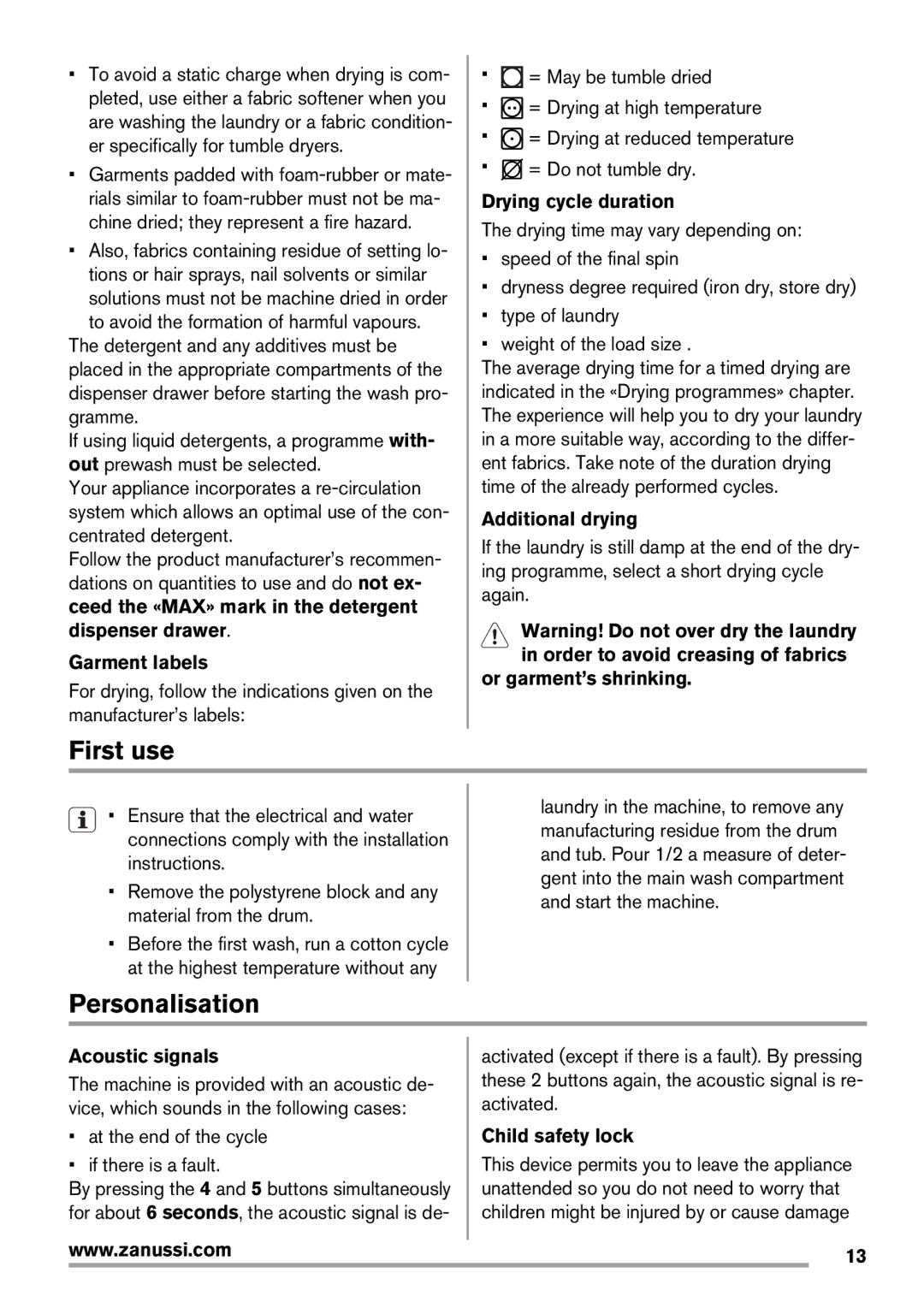 Zanussi Washer Dryer user manual First use, Personalisation 