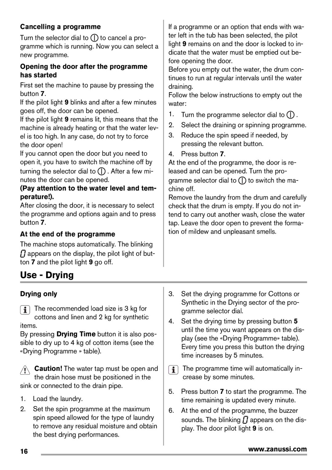 Zanussi Washer Dryer user manual Use Drying 