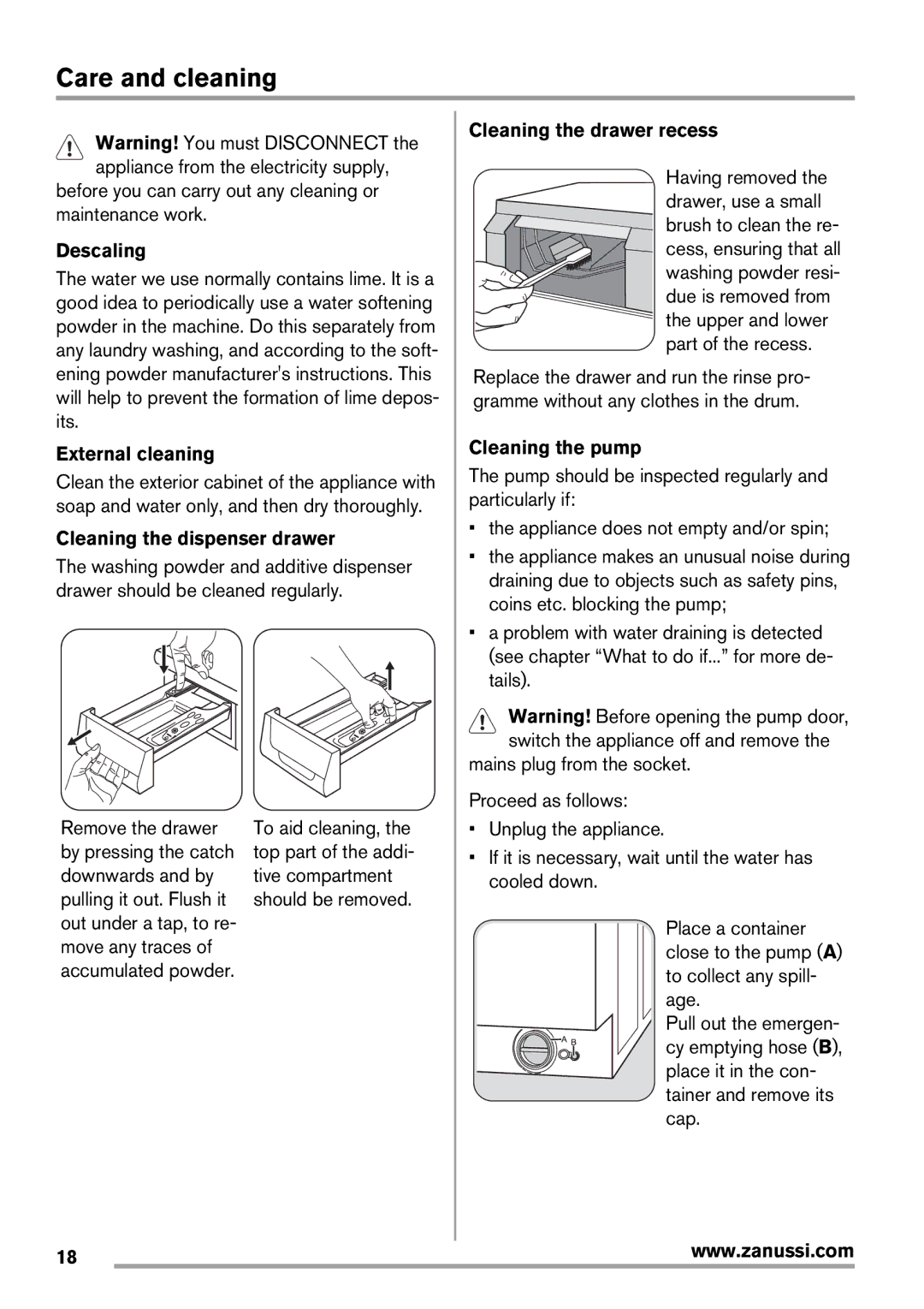 Zanussi Washer Dryer user manual Care and cleaning 