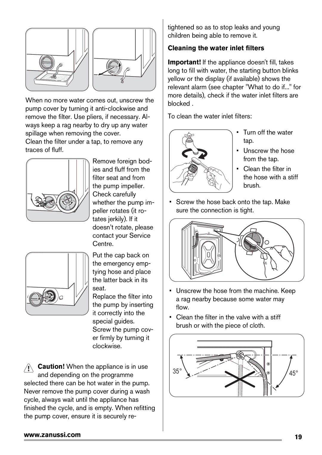 Zanussi Washer Dryer Clean the filter under a tap, to remove any traces of fluff, Cleaning the water inlet filters 