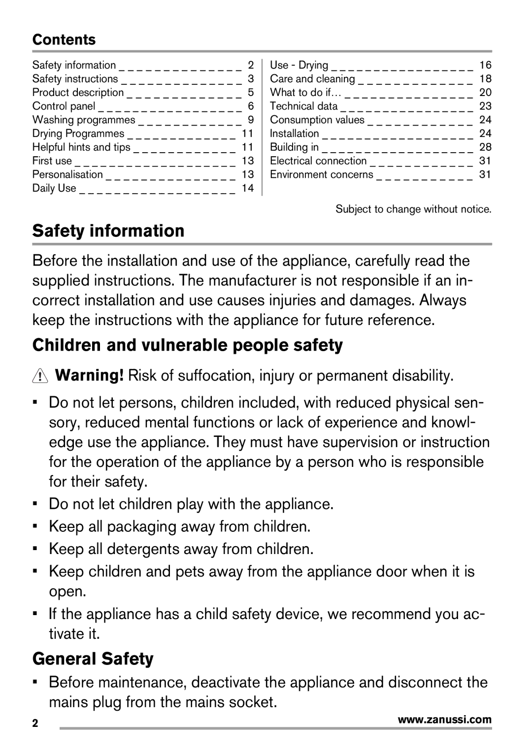 Zanussi Washer Dryer user manual Safety information, Contents 