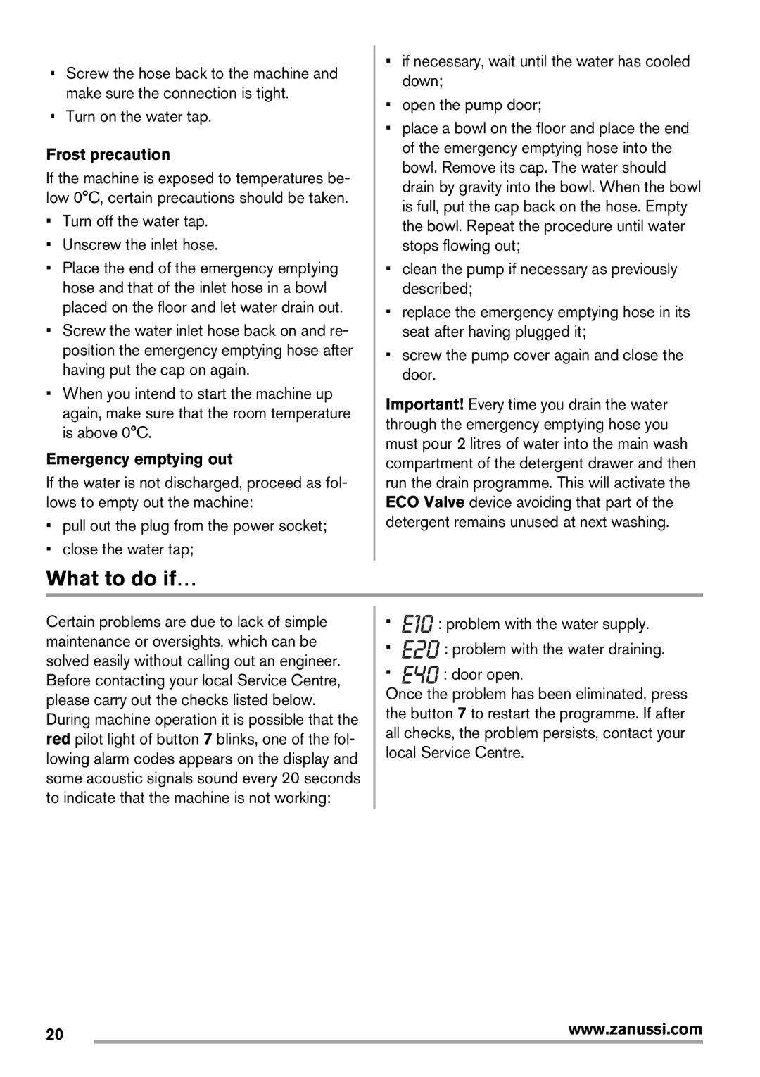 Zanussi Washer Dryer user manual What to do if…, Turn on the water tap, Frost precaution, Emergency emptying out 