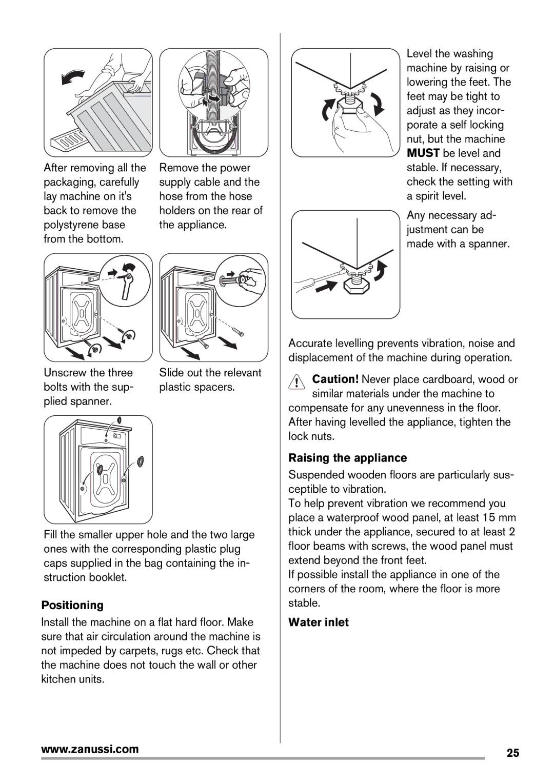 Zanussi Washer Dryer user manual Raising the appliance, Positioning, Water inlet 