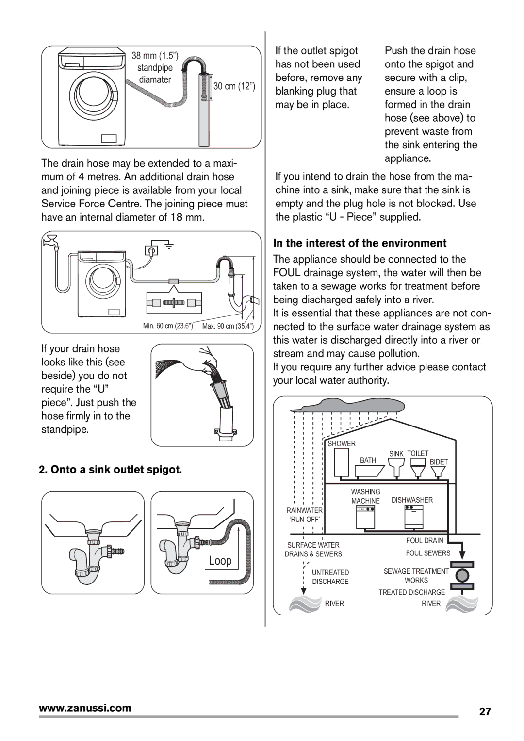 Zanussi Washer Dryer Drain hose may be extended to a maxi, Onto a sink outlet spigot, Interest of the environment 