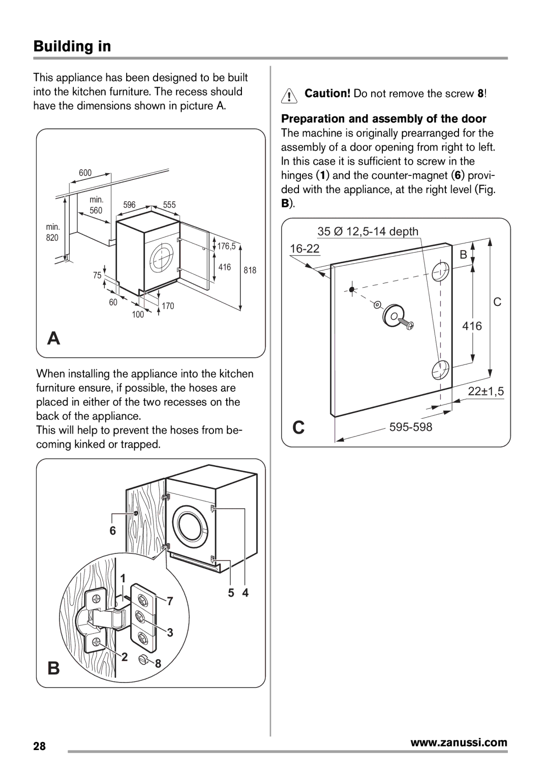 Zanussi Washer Dryer user manual Building, 35 Ø 12,5-14 depth, 416 22±1,5 595-598 