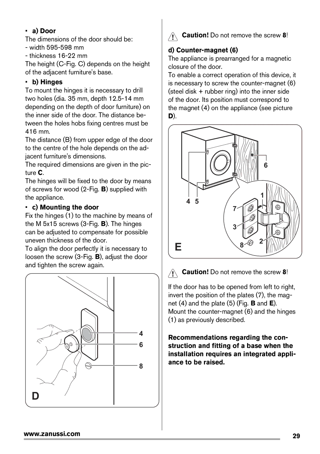 Zanussi Washer Dryer user manual Door, Hinges, Counter-magnet, Mounting the door 