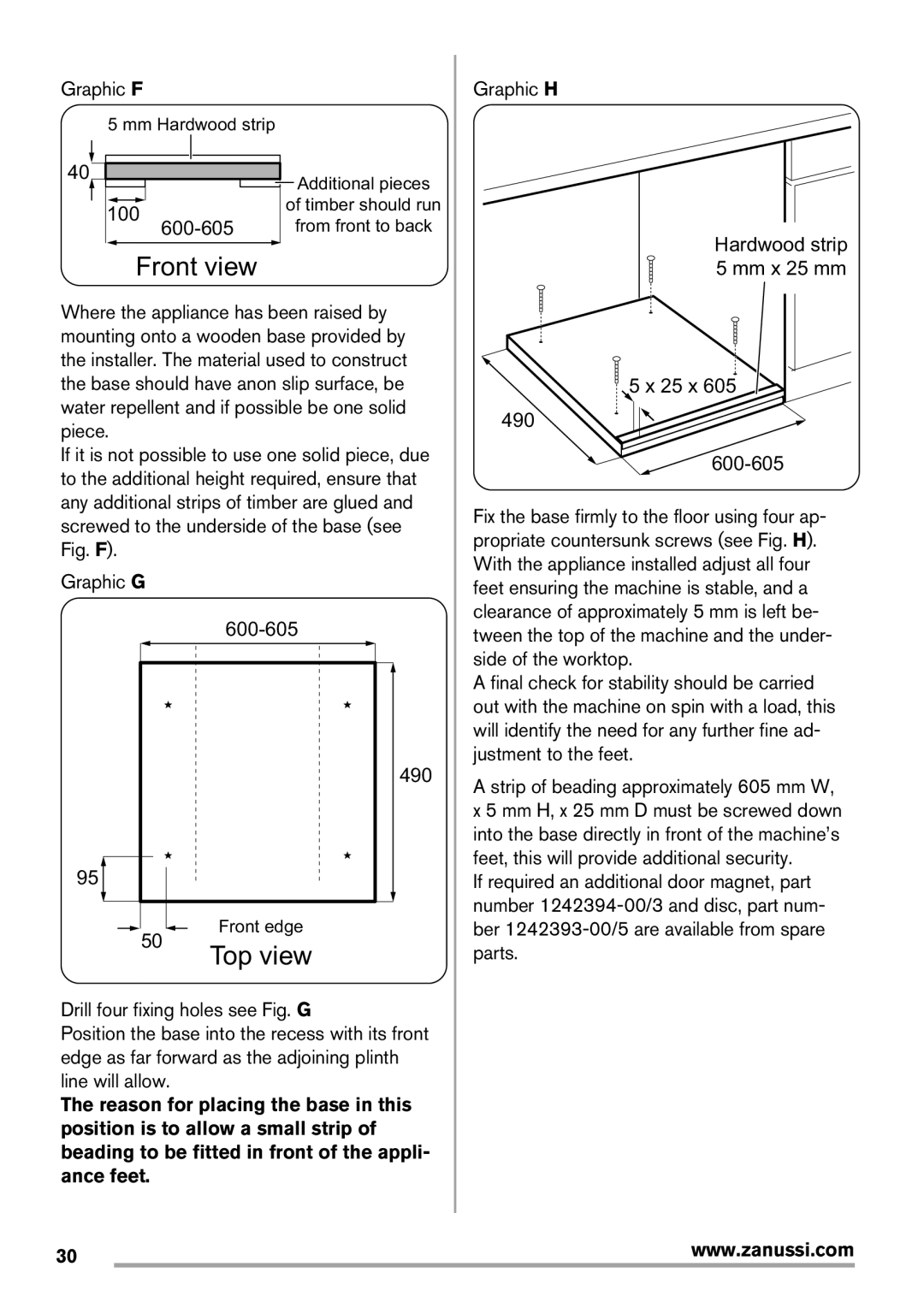 Zanussi Washer Dryer user manual Graphic F, 100, Graphic H Hardwood strip 5 mm x 25 mm 25 x 490 600-605 