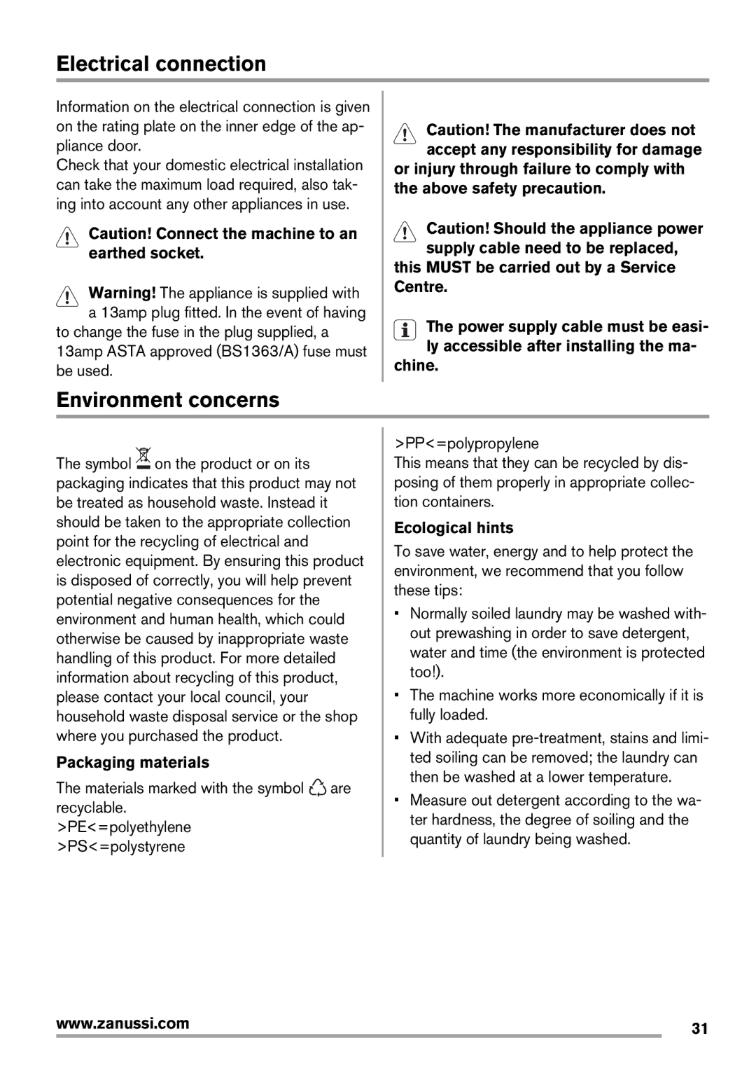 Zanussi Washer Dryer user manual Electrical connection, Environment concerns, Chine, Packaging materials, Ecological hints 