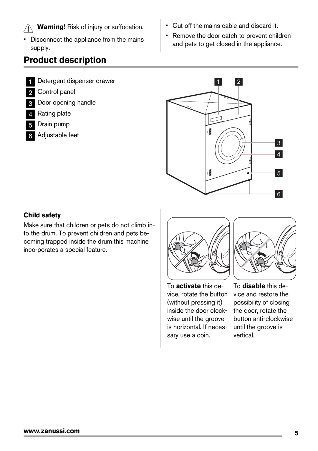 Zanussi Washer Dryer user manual Product description, Child safety 