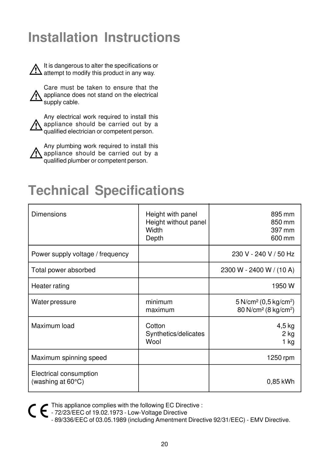 Zanussi TJS1397W, Washer, 434 manual Installation Instructions, Technical Specifications 