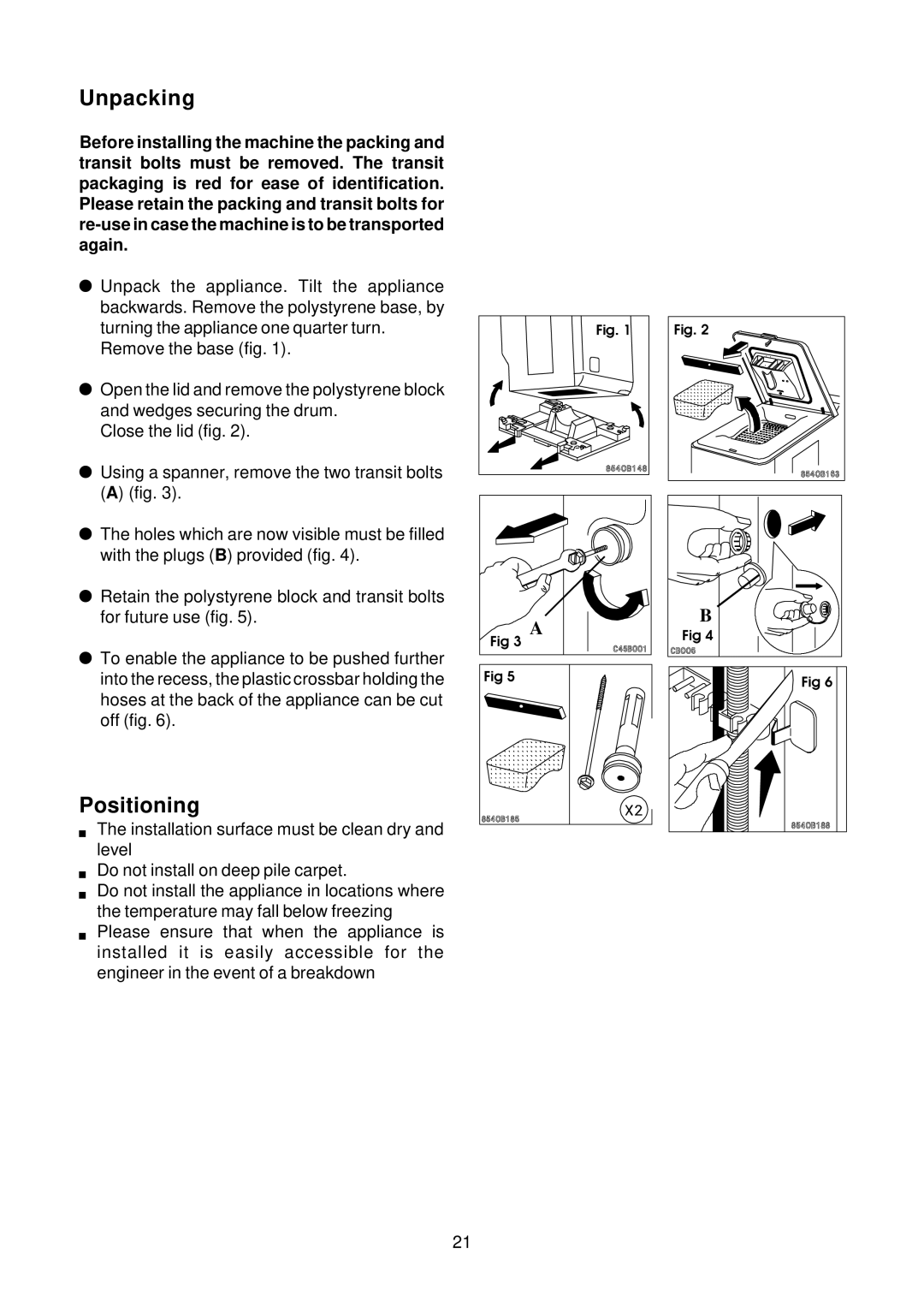 Zanussi 434, Washer, TJS1397W manual Unpacking, Positioning 