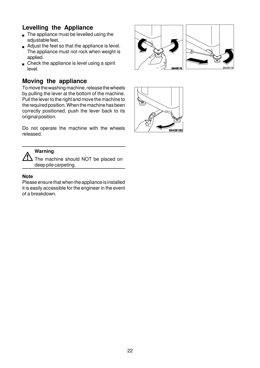 Zanussi Washer, TJS1397W, 434 manual Levelling the Appliance, Moving the appliance 