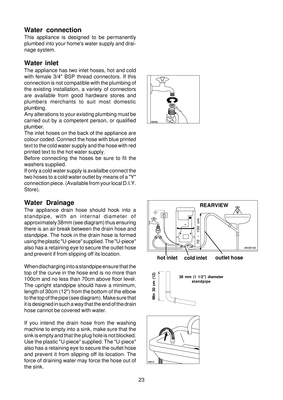 Zanussi TJS1397W, Washer, 434 manual Water connection, Water inlet, Water Drainage, Hot inlet Cold inlet 