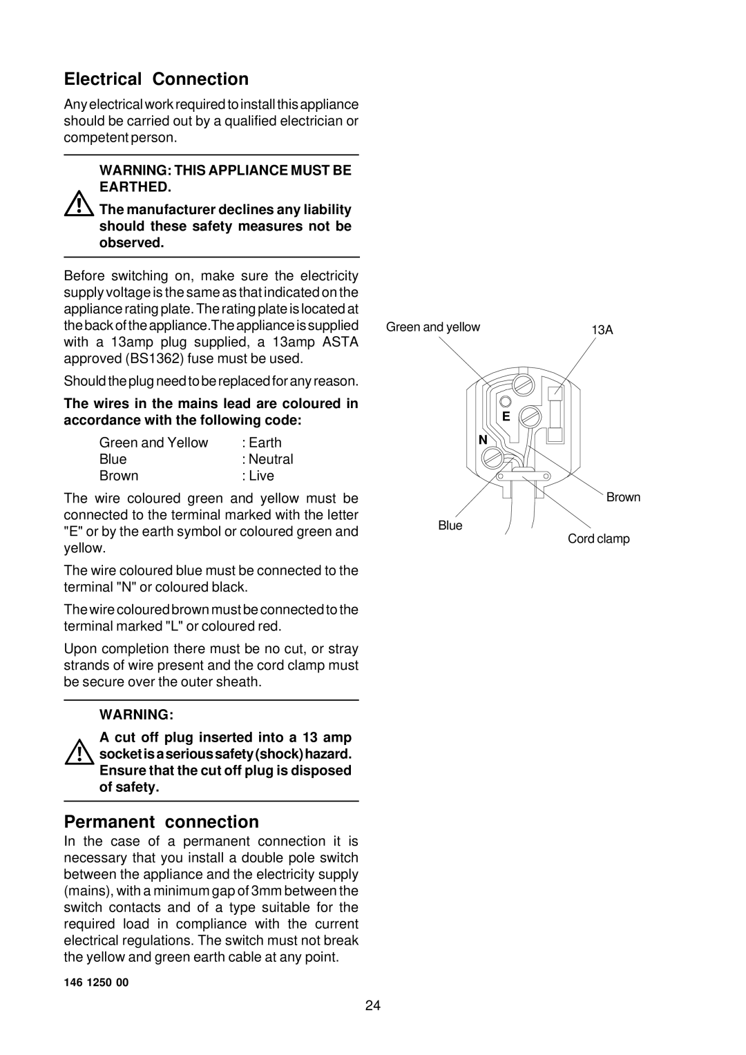 Zanussi 434, Washer manual Electrical Connection, Permanent connection, Ensure that the cut off plug is disposed of safety 