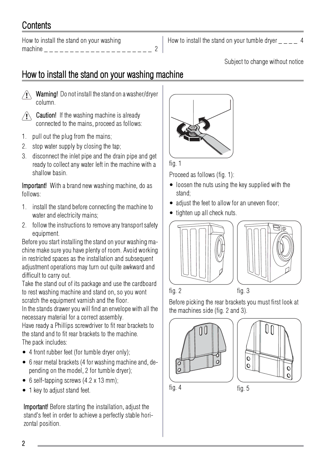 Zanussi Washer/Dryer user manual Contents, How to install the stand on your washing machine 