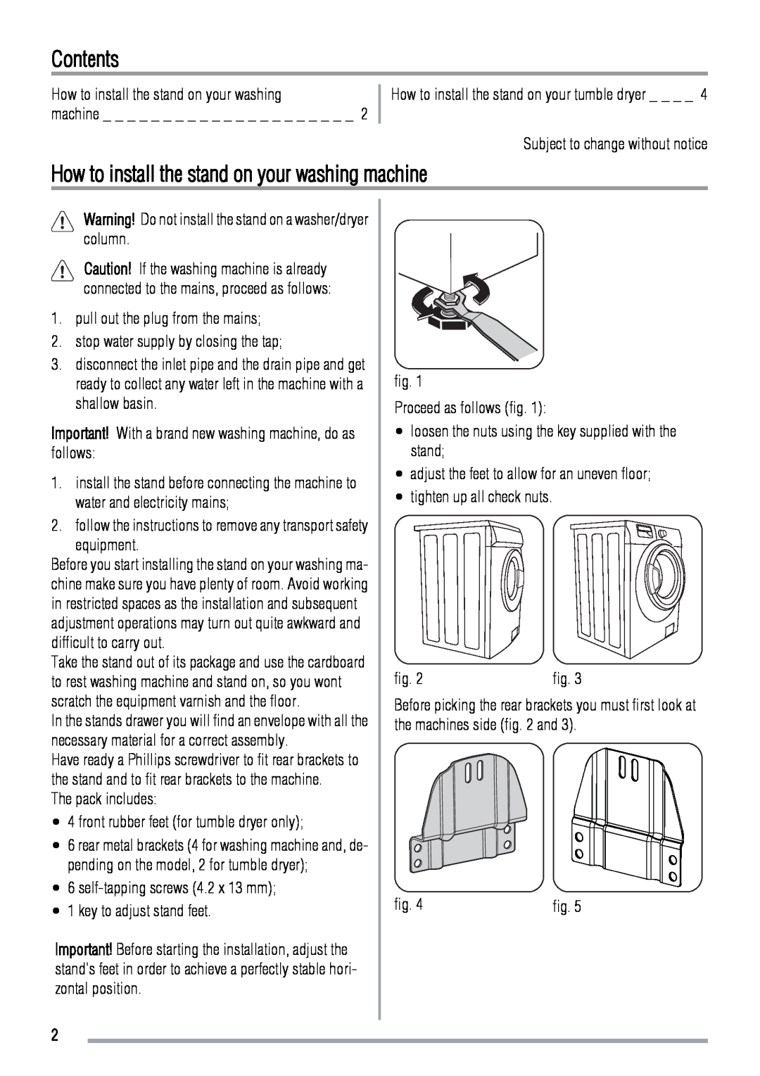 Zanussi Washer/Dryer user manual Contents, How to install the stand on your washing machine 