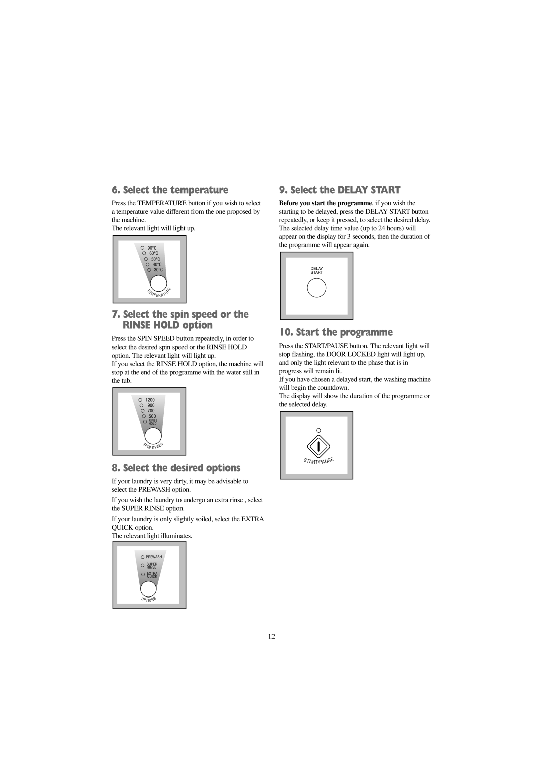 Zanussi WD 1250 W manual Select the temperature, Select the desired options, Select the Delay Start, Start the programme 