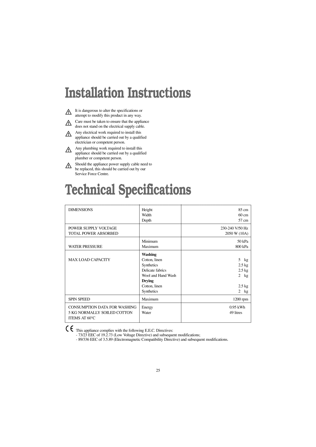 Zanussi WD 1250 W manual Installation Instructions, Technical Specifications, Drying 