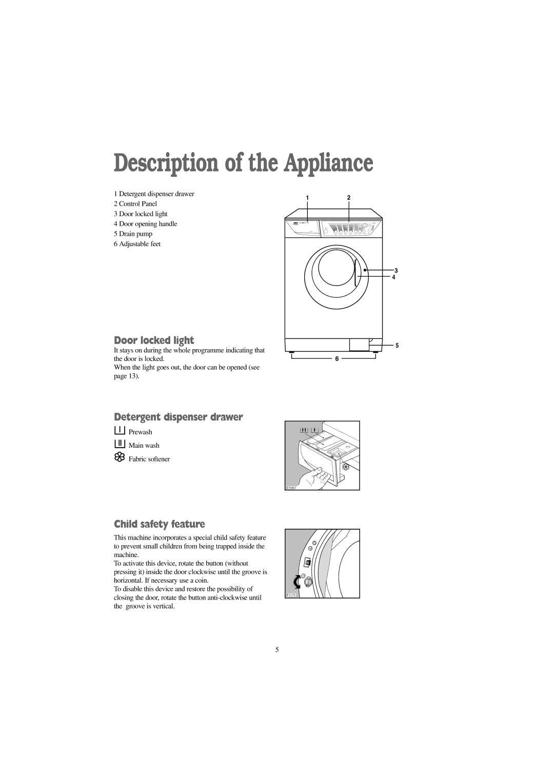 Zanussi WD 1250 W manual Description of the Appliance, Door locked light, Detergent dispenser drawer, Child safety feature 