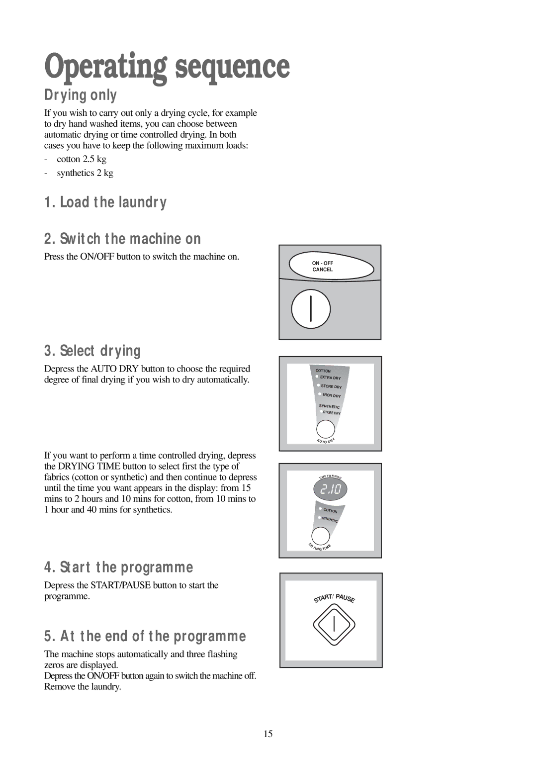 Zanussi WD 15 manual Drying only, Load the laundry Switch the machine on, Select drying 