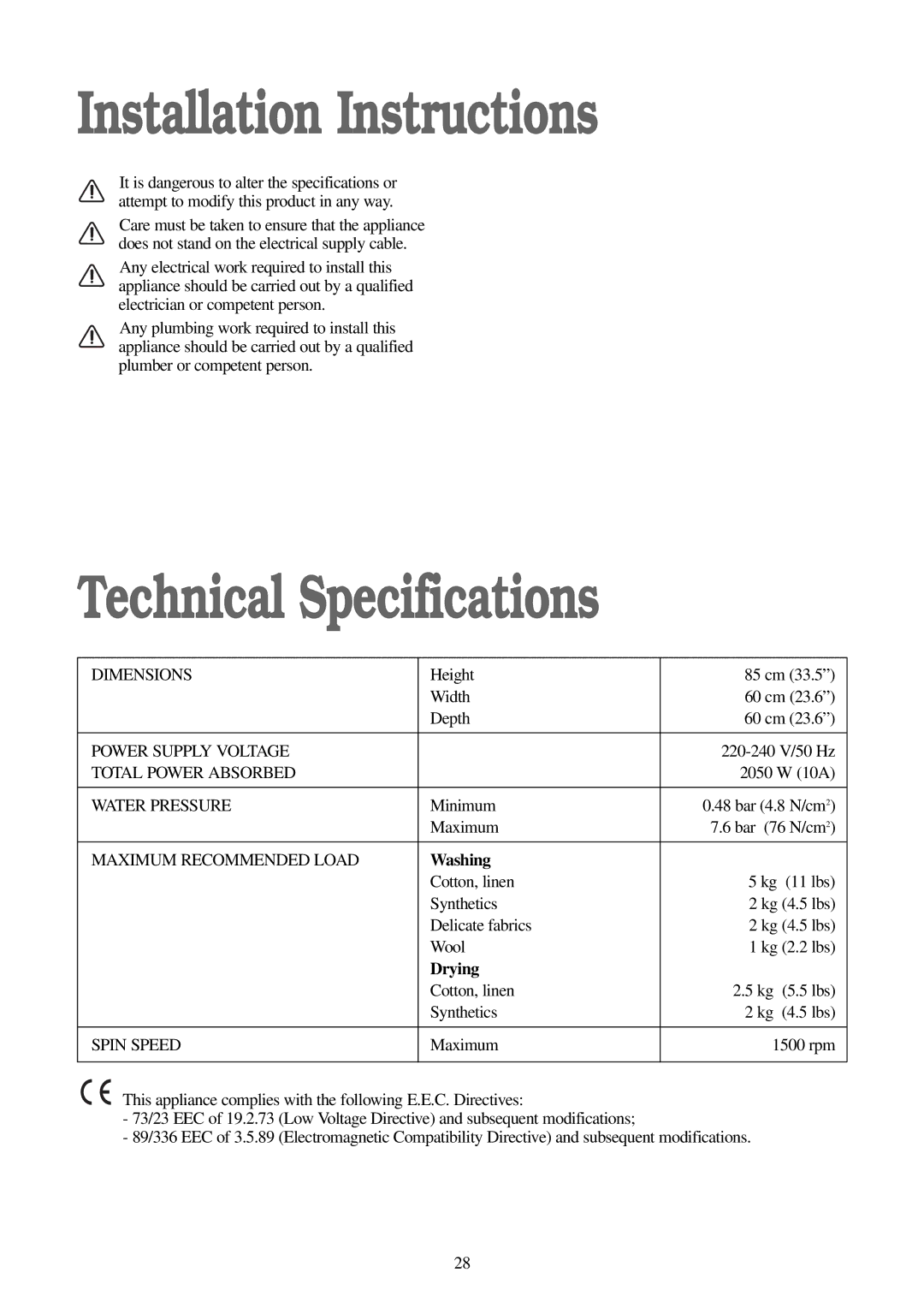 Zanussi WD 15 manual Installation Instructions, Technical Specifications, Drying 