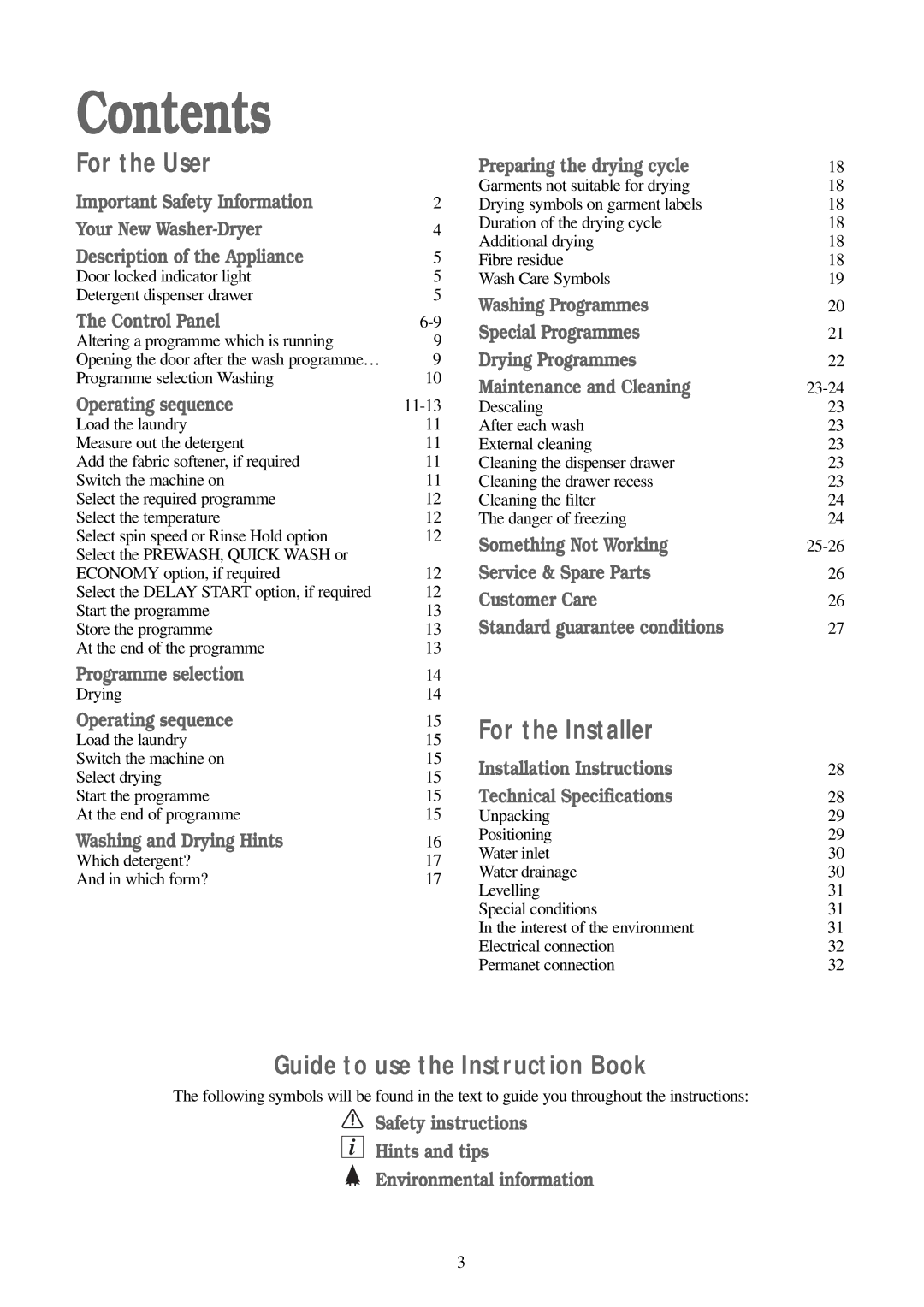 Zanussi WD 15 manual Contents 