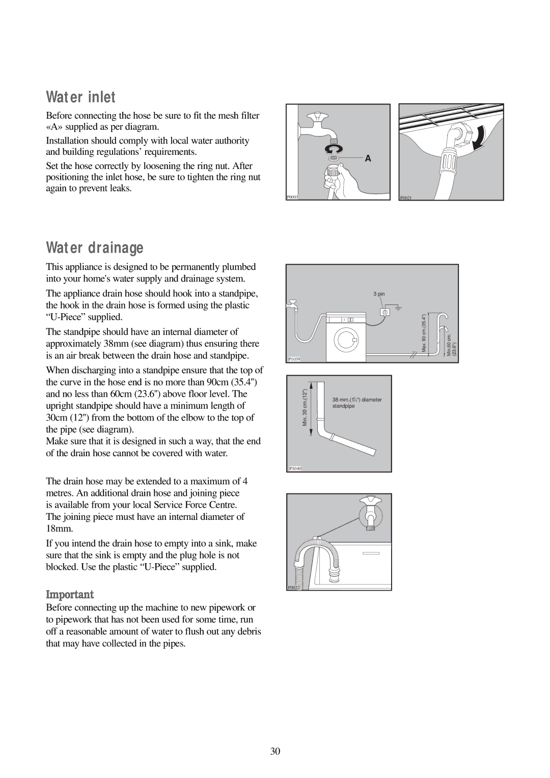 Zanussi WD 15 manual Water inlet, Water drainage 