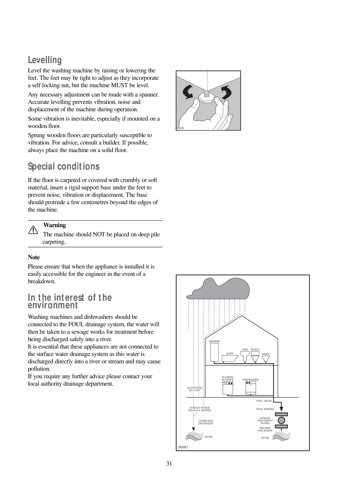 Zanussi WD 15 manual Levelling, Special conditions, Interest of the environment 